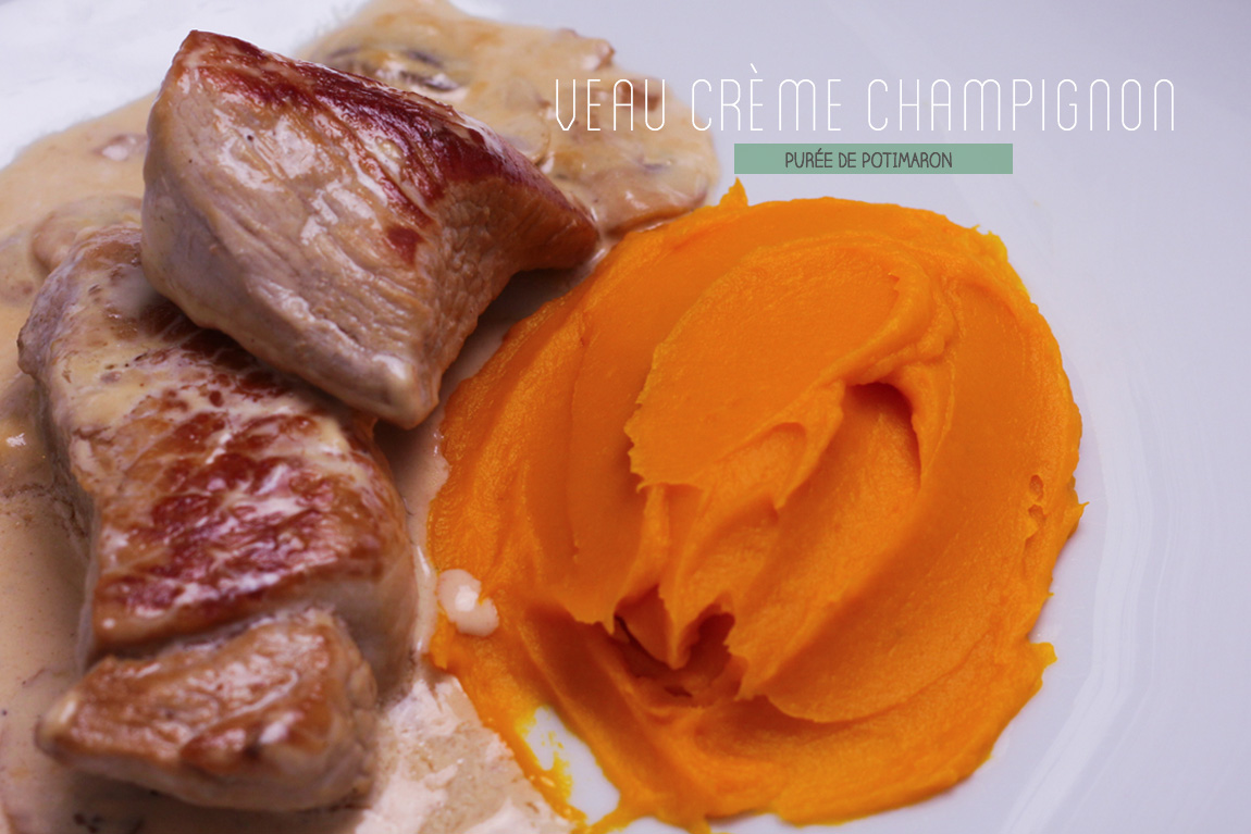 Grenadins de veau crème champignon, purée de potimaron