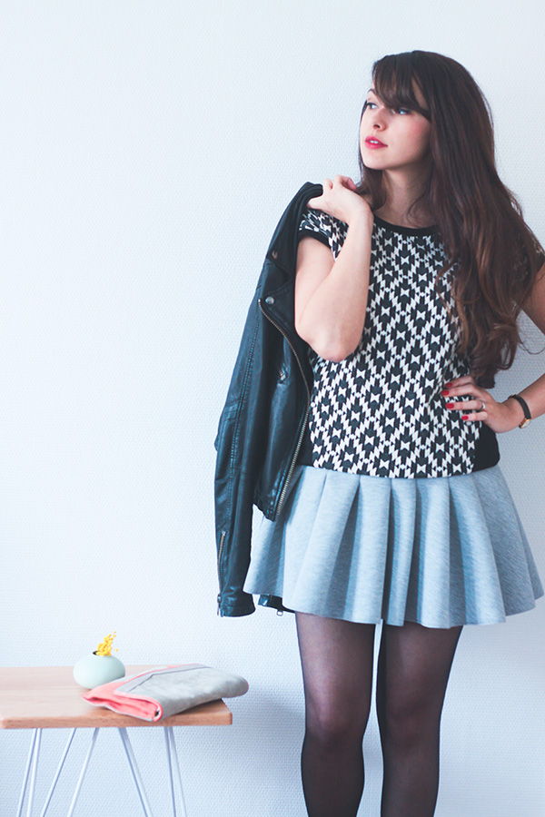 Dollyjessy blog mode Lifestyle - Jupe Neoprene H&M, perfecto cuir Topshop, ballerines andré, top 1.2.3