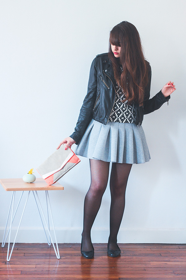 Dollyjessy blog mode Lifestyle - Jupe Neoprene H&M, perfecto cuir Topshop, ballerines andré, top 1.2.3